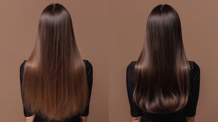 Front and back view of a woman with long brown hair on a brown background
