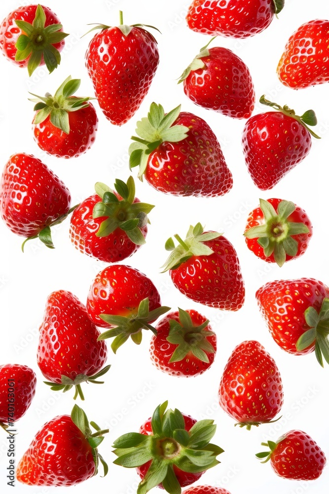Fototapete group of strawberries can be seen soaring through the air, creating a dynamic and vibrant image