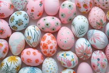 Fototapeta na wymiar Easter eggs painted in different patterns on a bright background for Easter celebration 