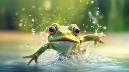 Happy Leap Day 29 February 2024, greeting card illustration - Leap year concept, green frog animal amphibian in water of a lake or river in nature - obrazy, fototapety, plakaty