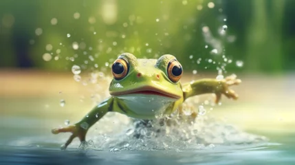 Zelfklevend Fotobehang Happy Leap Day 29 February 2024, greeting card illustration - Leap year concept, green frog animal amphibian in water of a lake or river in nature © Corri Seizinger