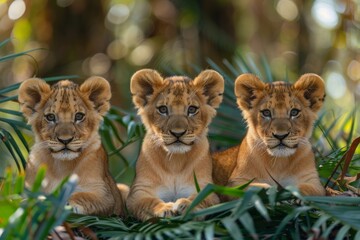 A pride of tiny lion cubs rests in the lush green grass, their soft fur blending in with the...