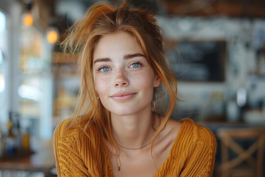 A radiant lady with a warm smile and freckled face, her blue eyes shining with confidence and her layered brown hair framing her portrait as she poses indoors, exuding a captivating charm in her styl