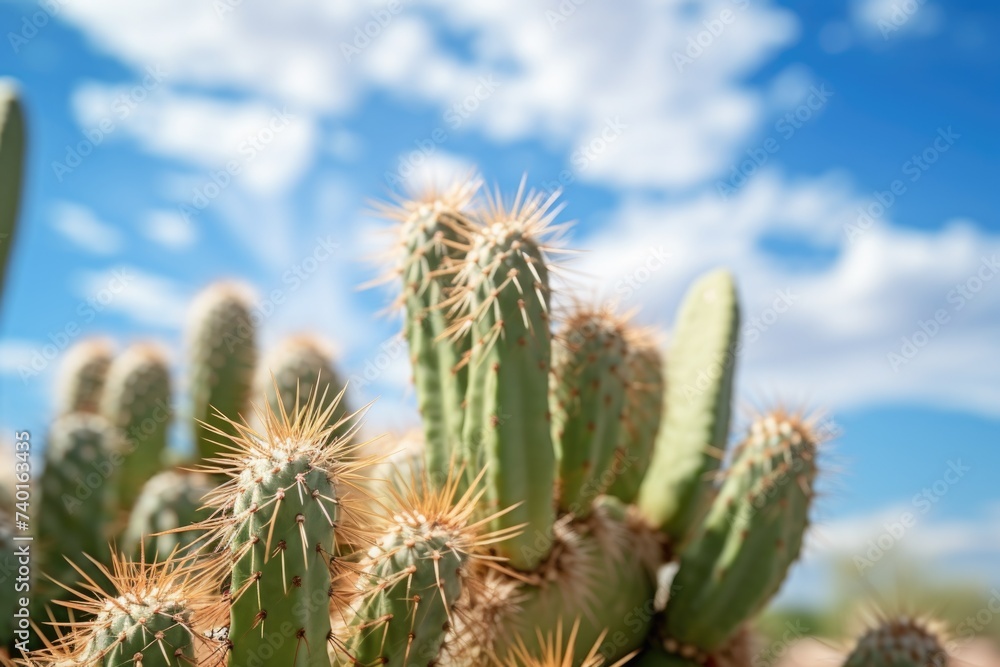 Poster close up view of a cactus plant with a blue sky in the background. suitable for nature and desert-th