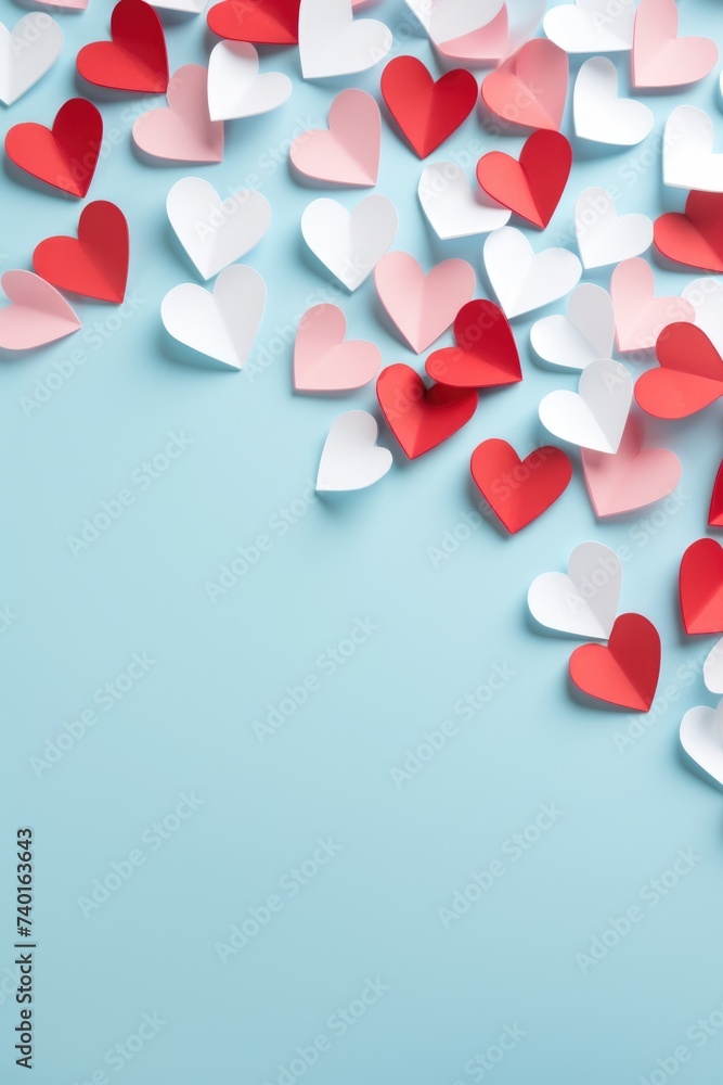 Poster a collection of paper hearts in red and white colors. suitable for various romantic occasions