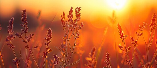 A field of grass is illuminated by the warm glow of the setting sun in the background. The orange hues of the sunset create a picturesque scene against the grassy landscape. - Powered by Adobe