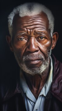 n elderly black man who is very sick in ill. He has an intese frown on his face and looks very sad. Make the focul point of the image a zoomed in perspective on his face showing how sad he is.