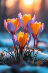 A vibrant group of crocus flowers beautifully contrasts against the white, snowy background, highlighting the resilience and beauty of nature in winter