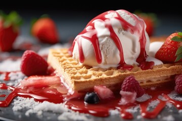 Close up of a scoop of vanilla ice cream melting on a crisp waffle, drizzled with red berry syrup,...