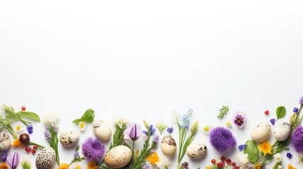 Obraz na płótnie Canvas Fresh eggs and colorful flowers on a clean white background. Suitable for food and nature concepts