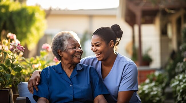 A photograph of a young African American female caregiver helping an elderly black woman with a smile, in the style of blue and white, vibrant colorism