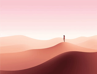 Sunset or Dawn Over Mountains with Man Staring into the Distance Landscape - Vector Illustration
