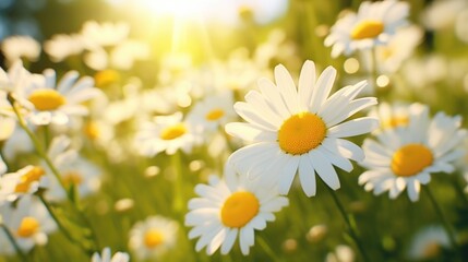 A beautiful field of white and yellow flowers with the sun shining in the background. Perfect for spring or nature-themed projects