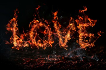 Love word from fire on black background 