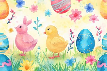 Obraz na płótnie Canvas Seamless watercolor illustration of easter theme with spring flowers plants and eggs 