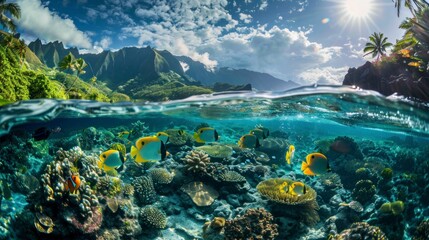 beautiful paradise island seen from the sea with fish below on a sunny day in summer in high resolution and quality - obrazy, fototapety, plakaty