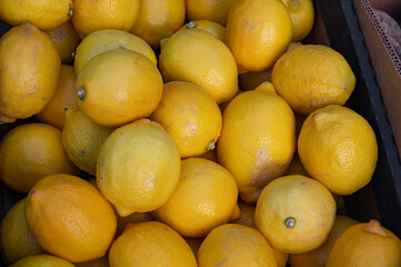 Lemons close-up on a street stall tray. Fresh fruits and vegetables. Background with juicy and bright products.