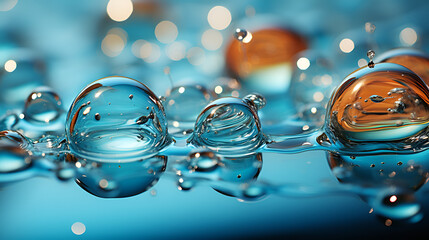 Water drops on a blue water background.Refreshing Blue Water Droplets"
