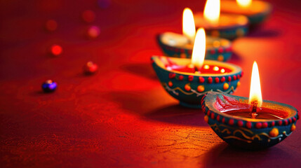 Indian festival Diwali, Diya oil lamps lit on colorful rangoli. Hindu traditional. Copy space for text .