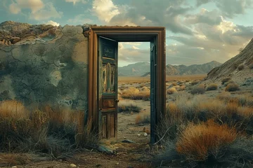 Poster Surreal concept of an open door leading to a desert landscape Representing new beginnings Mystery And the journey into the unknown. © Lucija