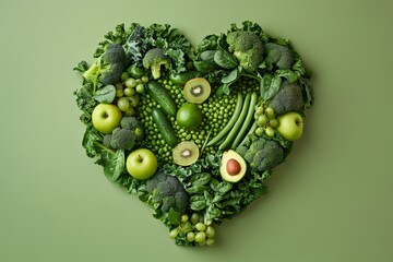 A heart-shaped arrangement of green vegetables and fruits symbolizing health.