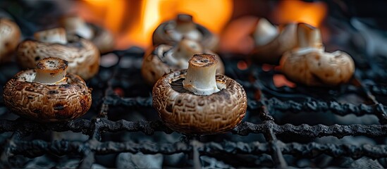 Fresh mushrooms cooking on a grill, resulting in a juicy and appetizing close-up.