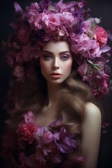 woman with long hair beautifully adorned with a variety of colorful flowers, adding a touch of natures beauty to her appearance