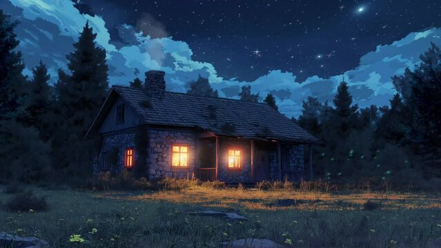 Peaceful nature Fantasy Traditional house in forest and night sky animation background