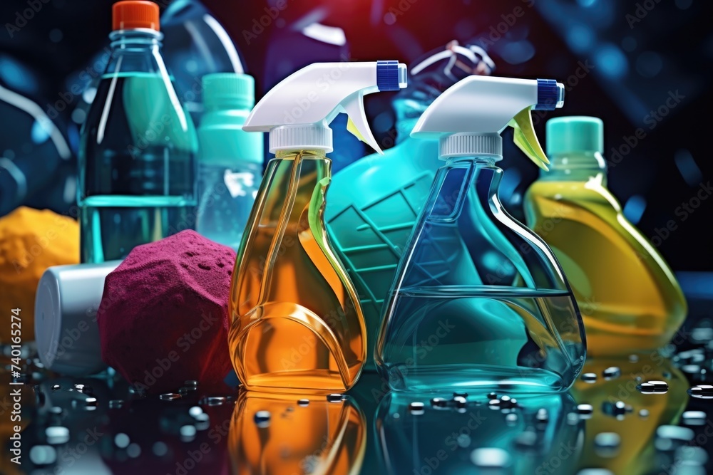 Poster various cleaning products bottles displayed on a table. suitable for household cleaning product adve