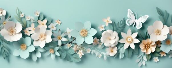 Paper cut spring flowers and leaves. Fresh spring nature background. ai generated - obrazy, fototapety, plakaty