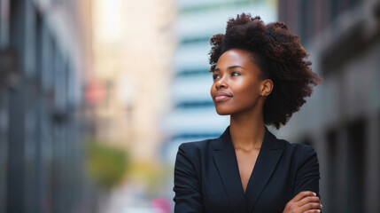 Portrait of a young african american businesswoman standing outdoors - obrazy, fototapety, plakaty