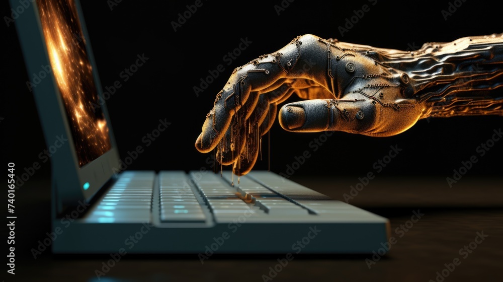 Poster A human hand typing on a computer keyboard, suitable for technology concepts