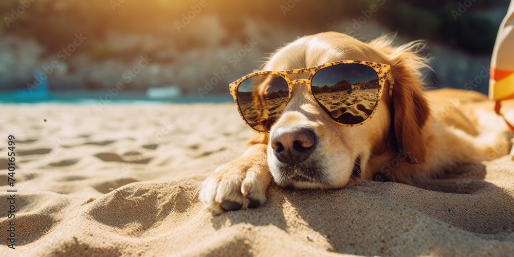 Poster A cool dog relaxing on the sandy beach. Perfect for summer vacation concept