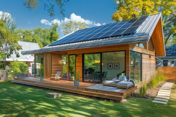 Sustainable home design featuring modern architecture with integrated solar panels and energy-efficient solutions.