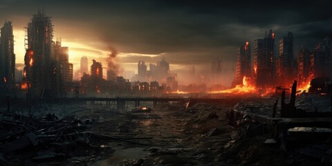 A city engulfed in flames with a bridge in the background. Ideal for illustrating disasters or...