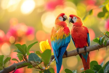 two vibrant parrots with colorful feathers are perched gracefully on a tree branch. The vivid hues of their plumage stand out against the green foliage in the background