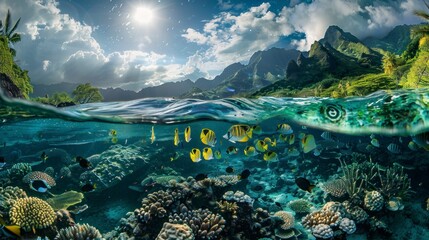 Beautiful paradise island seen from the sea with fish below on a sunny day in summer in high resolution and high quality. concept paradise landscapes of islands with sea