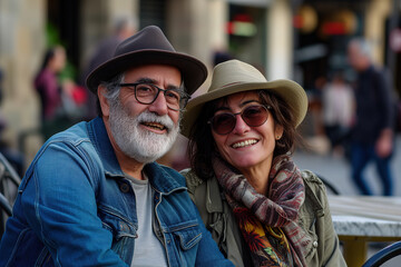 Senior tourist couple in Barcelona - obrazy, fototapety, plakaty