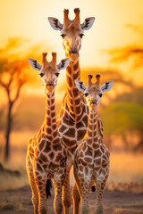 Soothing Sunset: Family of Giraffes Grazing Amongst the Greenery in their Natural Habitat