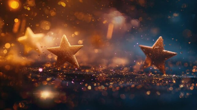 Golden stars Glitter lights abstract background with gold particles. Defocused bokeh dark festive texture, videos HD