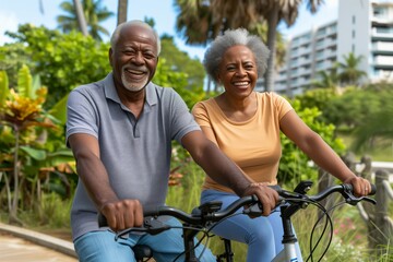 African American couple bike in tropical park, lush greenery complementing their leisurely ride. Delighted senior pair cycles through city garden, vibrant flora enhancing their cheerful excursion.