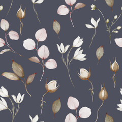 Seamless pattern with eucalyptus branches and rose buds in a watercolor style - 740165848