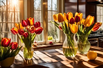 tulips in a vase, A vase of tulips graces a wooden table in a kitchen flooded with sunshine, creating a warm and inviting atmosphere