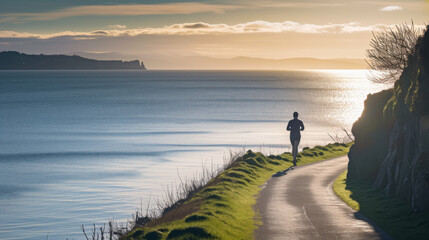 Silhouette of a lone runner jogging along a coastal path with a vivid sunset over the ocean horizon. Outdoor sport active activity lifestyle concept.