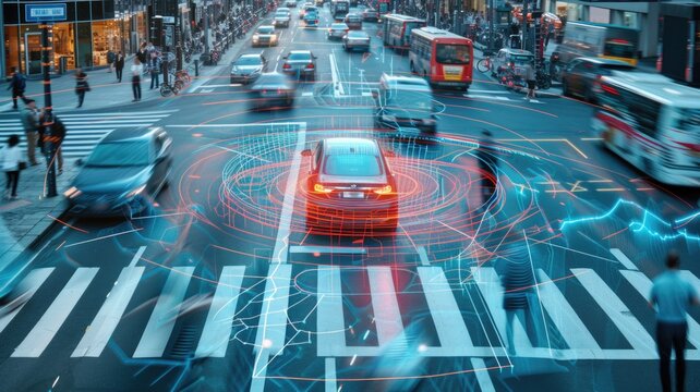 self-driving car communicating with pedestrians and other vehicles at a busy intersection, showcasing AI and machine learning