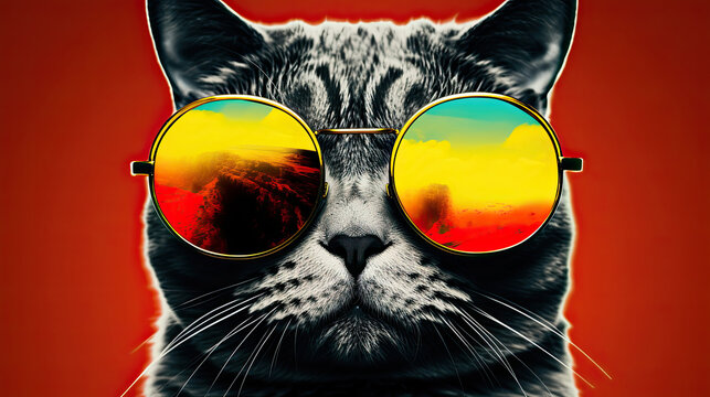 Black and white portrait of a cat on a red background. Canyon reflected in sunglasses.