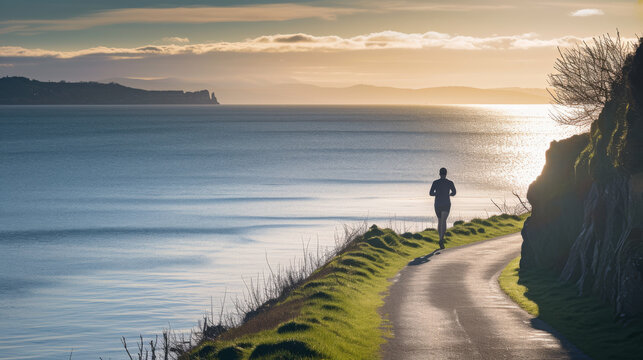 Silhouette of a lone runner jogging along a coastal path with a vivid sunset over the ocean horizon. Outdoor sport active activity lifestyle concept.