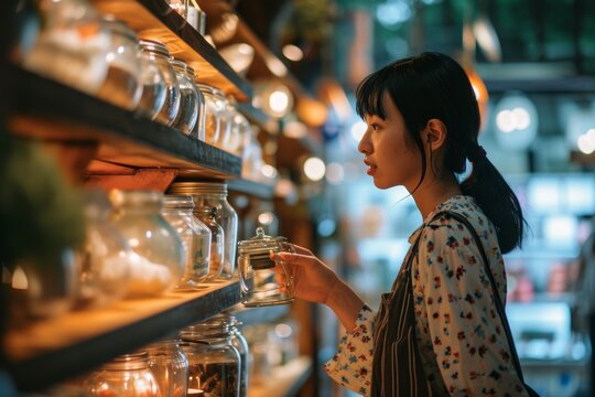 female Japanese customer in a home decor shop shopping and choosing a glass jar from a display shelf casual relax frehness woman lifestyle shooping on sunday morning vacatin travel trip