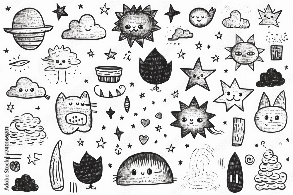 Poster A black and white drawing featuring various objects. Suitable for graphic design projects