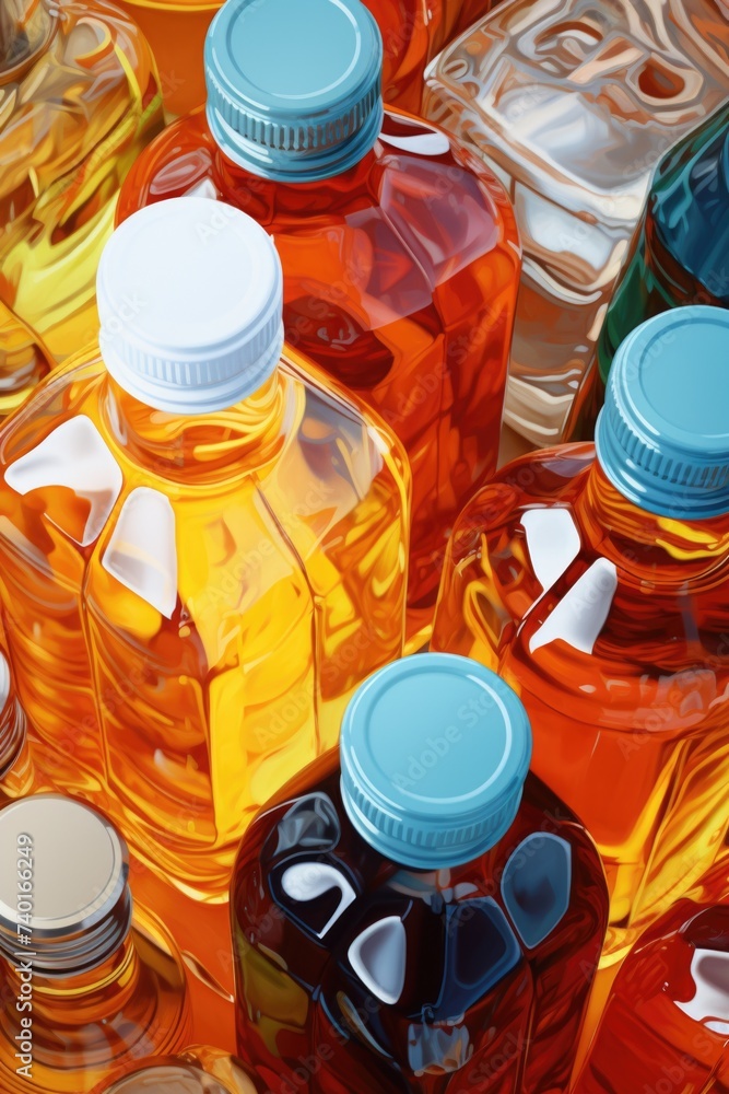 Poster various bottles of liquid lined up next to each other. suitable for product display